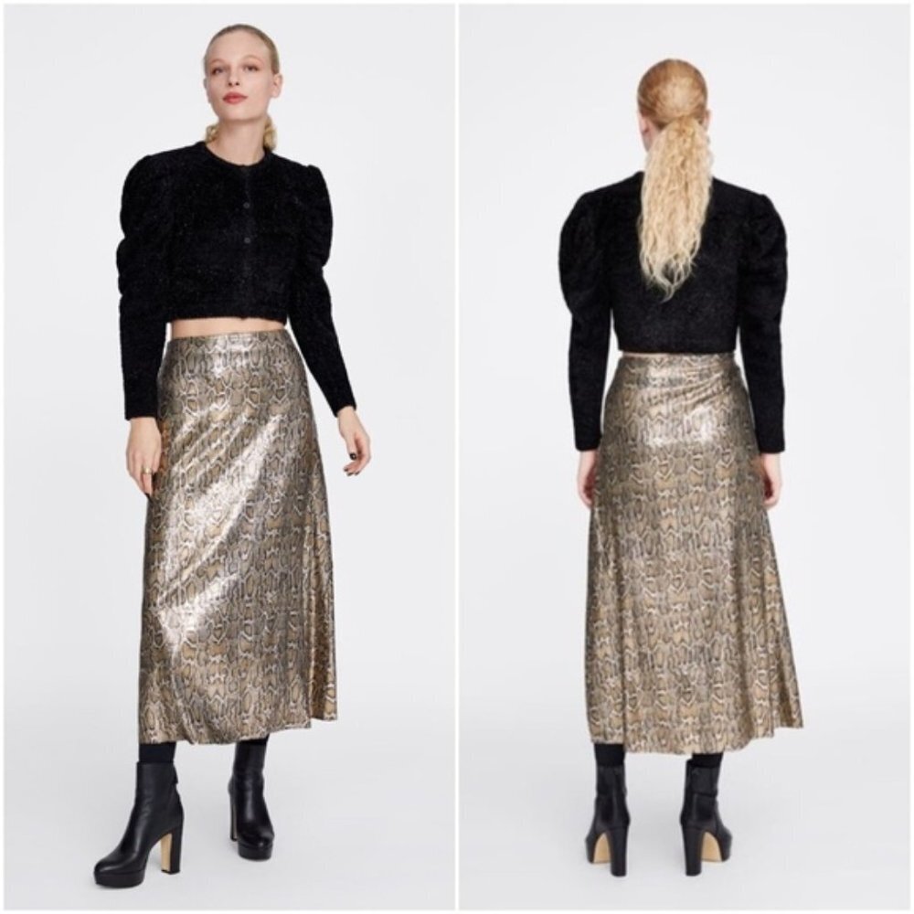 ZARA The Knit Collection Snakeskin Sequin Midi Maxi Skirt Size M